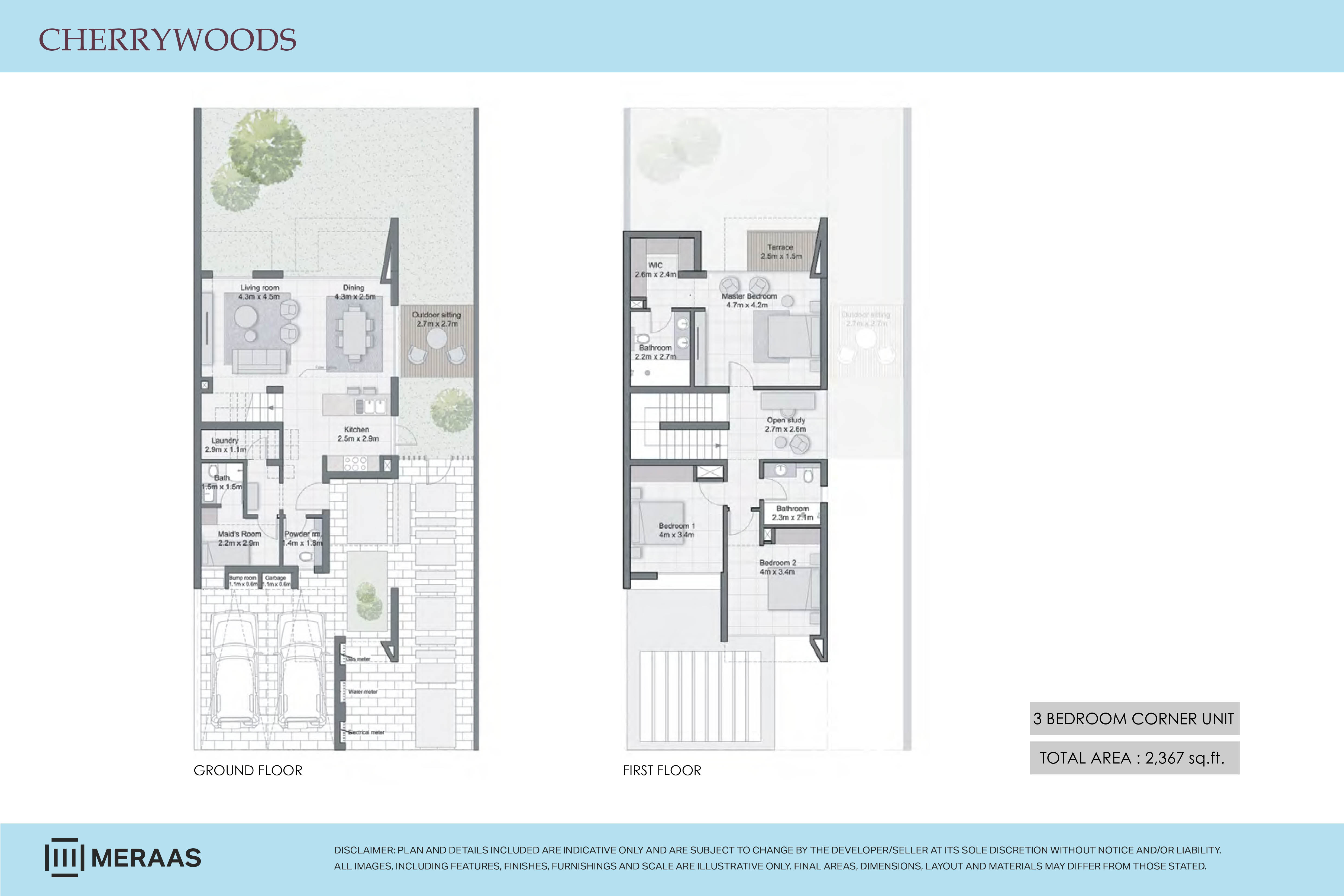 Floor plan - 3 BEDROOM CORNER UNIT -  Cherrywoods Townhouses - Meraas  - etamea.com