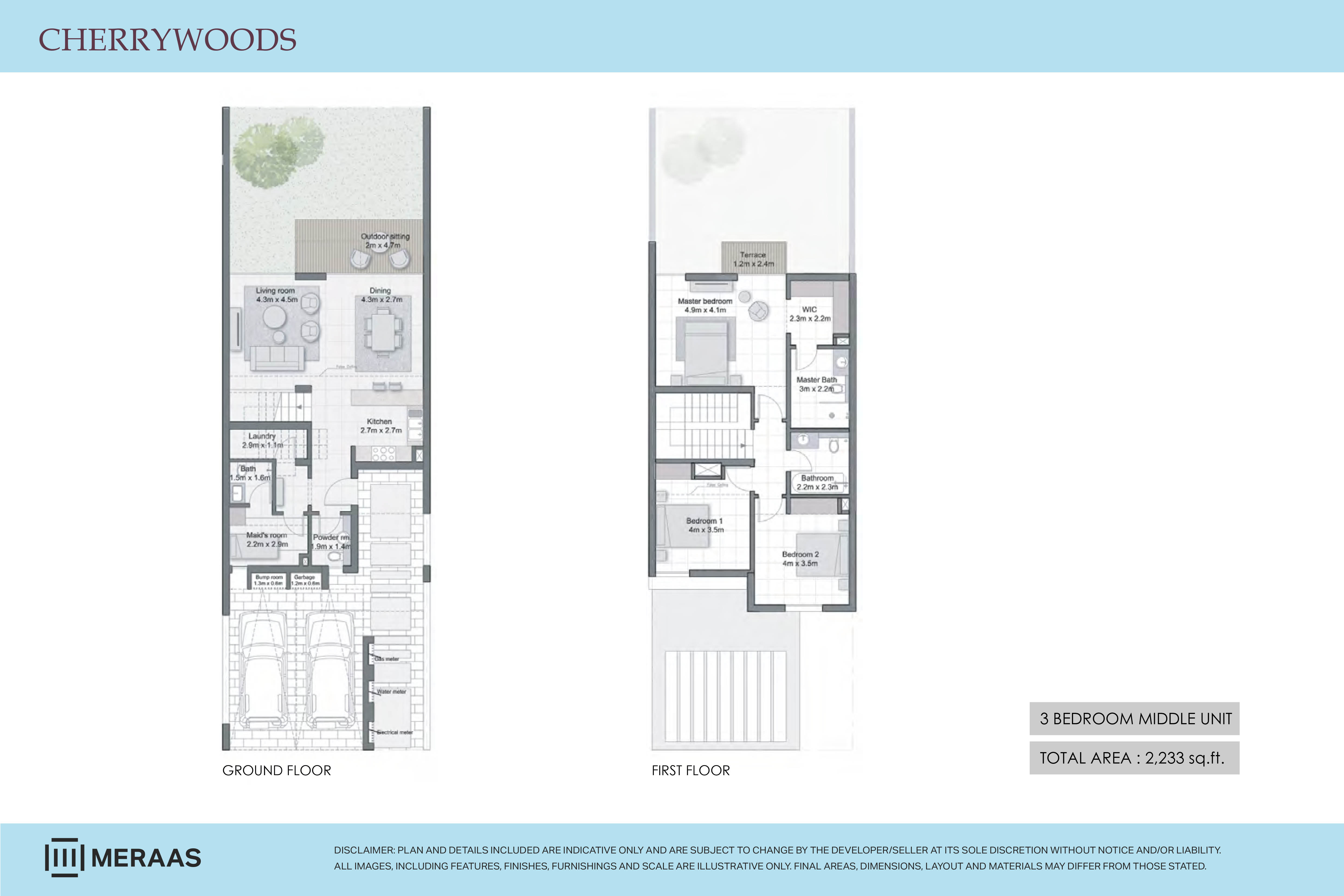 Floor plan - 3 BEDROOM MIDDLEUNIT -  Cherrywoods Townhouses - Meraas  - etamea.com